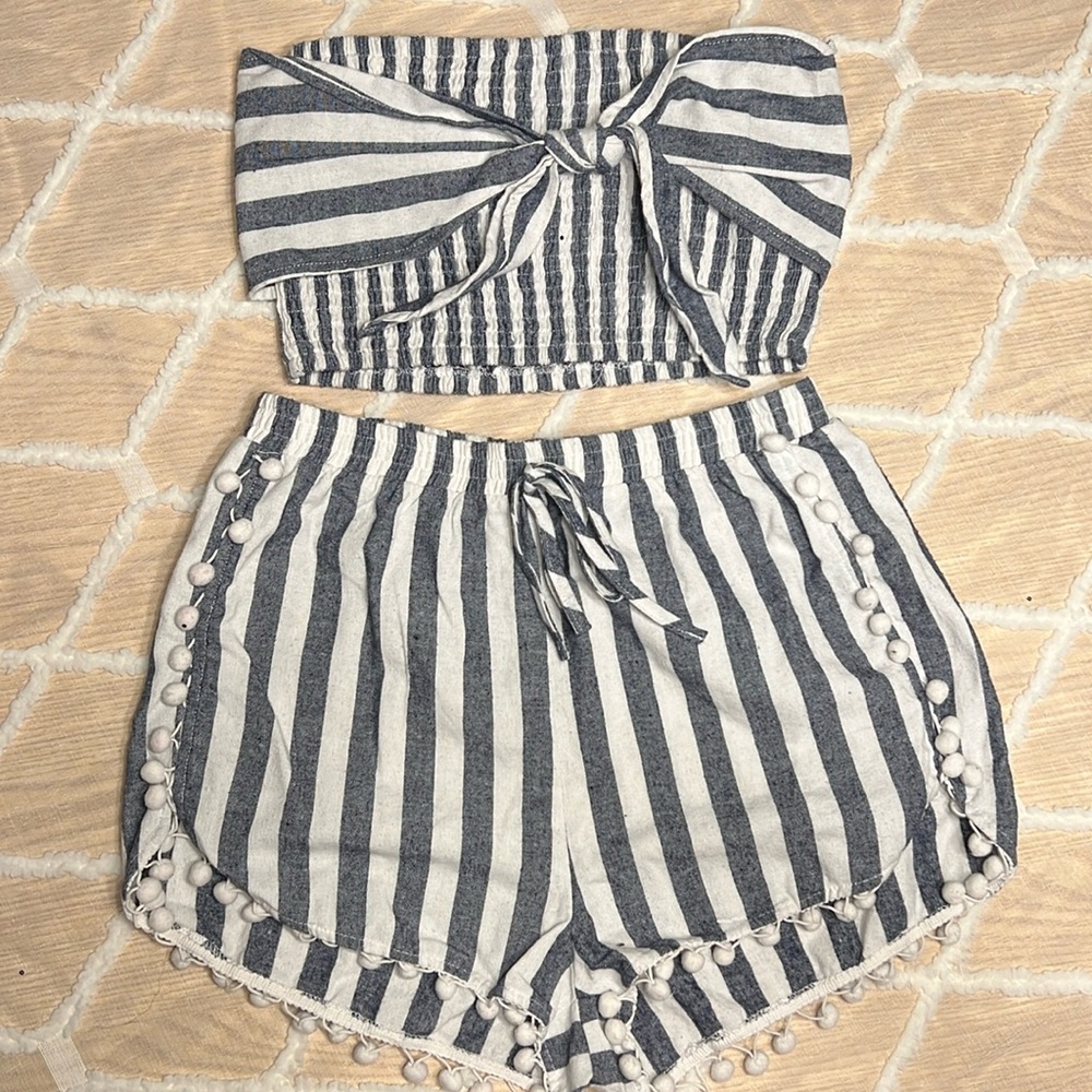 Blue & White Striped Linen Two-Piece Set | Size Medium